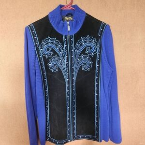 Bob Mackie Women's Jacket Leather Knit Blue Black Pattern